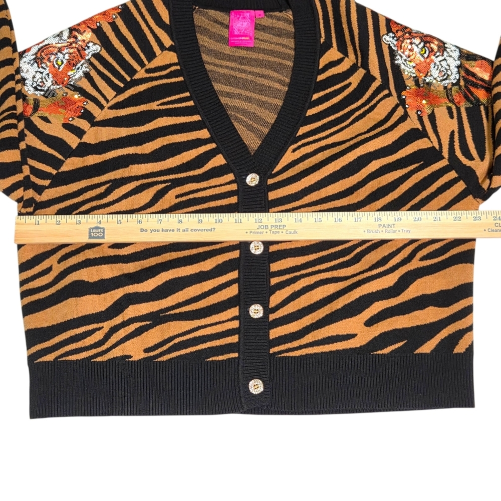Queen of Sparkles Tiger Stripe Cardigan Sequin Tigers Black Camel Medium - Picture 6 of 14